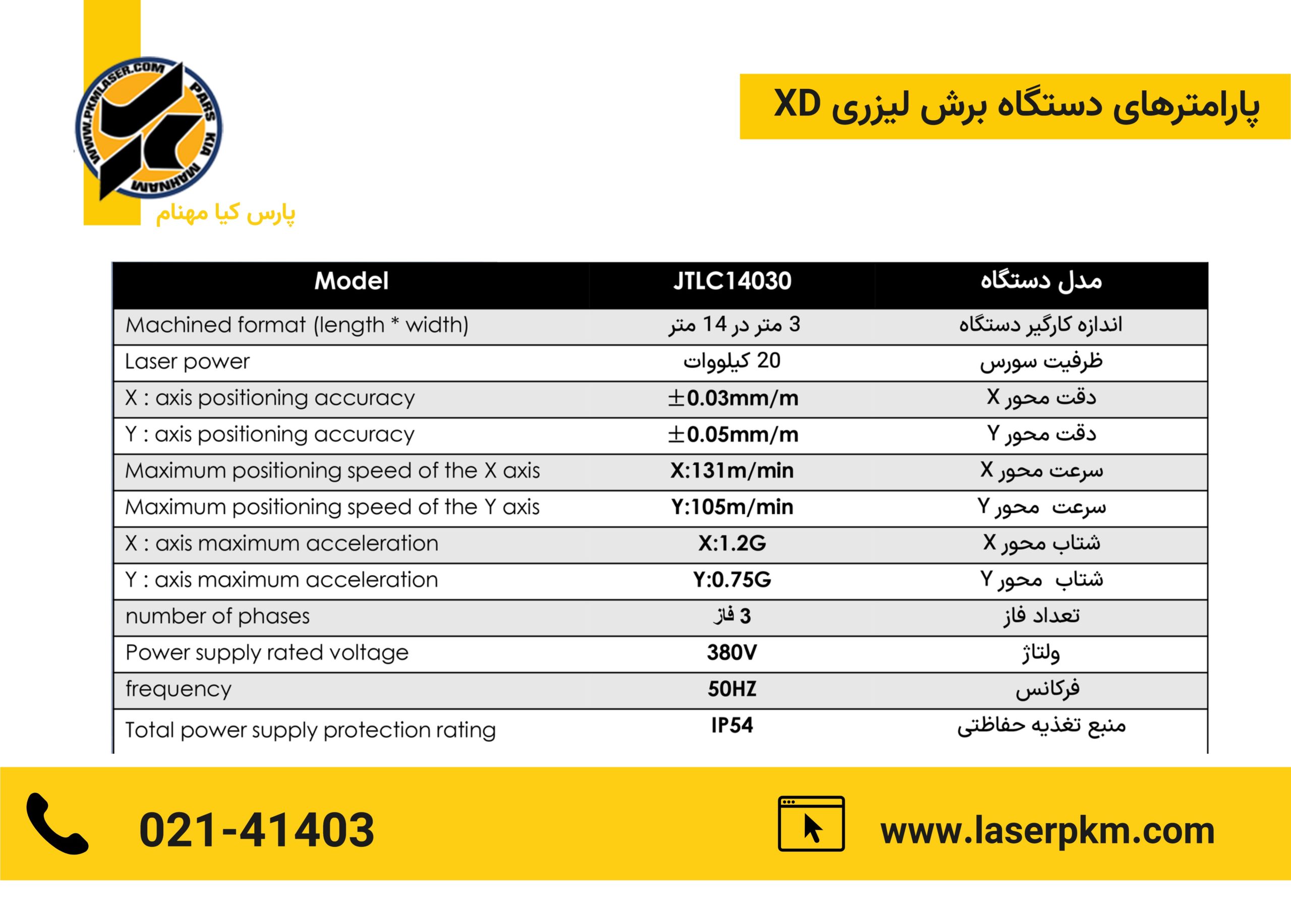 پارامترهای دستگاه برش لیزر سری XD